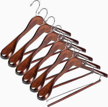 DEILSY™ Wide Shoulder Wooden Hangers Non Slip Pants Bar, (6 Pack)