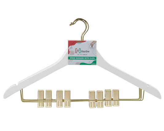 Carton of White Wooden Hanger With Gold Hook and Clips (Carton includes 24 Sets of 4 Pcs)