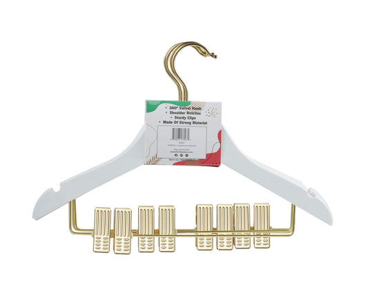 Carton of Kids Wooden White Hanger With Gold Hook and Clips (Carton includes 32 Sets of 4 Pcs)