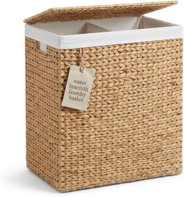 DEILSY 2-Section Laundry Hamper with Removable Liner Bags - Natural, Woven Water Hyacinth Double Laundry Basket Sorter for Clothes and Towels