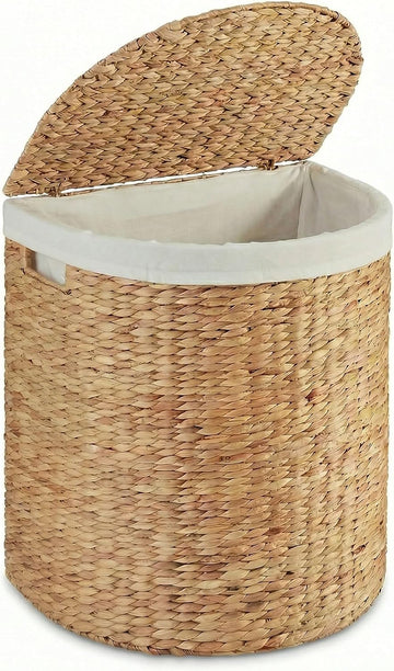 DEILSY Half Moon Laundry Hamper with Lid and Removable Liner Bag - Natural, Woven Water Hyacinth Laundry Basket for Clothes and Towels