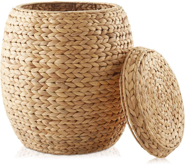 DEILSY Round Storage Basket with Lid - Natural, Handwoven Water Hyacinth Organizer for Laundry, Blankets, Plants, Bedroom, Living Room, Home Office