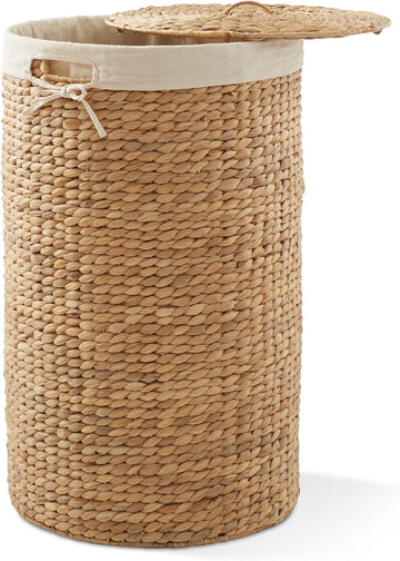 DEILSY Round Laundry Hamper with Lid and Removable Liner Bag - Natural, Woven Water Hyacinth Wicker Laundry Basket for Clothes and Towels