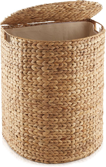 DEILSY Half Moon Laundry Hamper with Lid and Removable Liner Bag - Natural, Woven Water Hyacinth Laundry Basket for Clothes and Towels