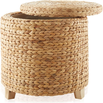 DEILSY 17" Round Storage Ottoman with Lid - Natural, Handwoven Water Hyacinth Footstool for Living Room, Bedroom, Bathroom, Home Office