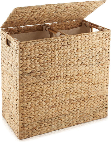 DEILSY 2-Section Laundry Hamper with Removable Liner Bags - Natural, Woven Water Hyacinth Double Laundry Basket Sorter for Clothes and Towels